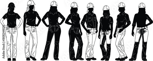 Female worker silhouette set, women in hard hats, construction and industrial laborers, confident standing poses, isolated vector graphic collection, black and white.