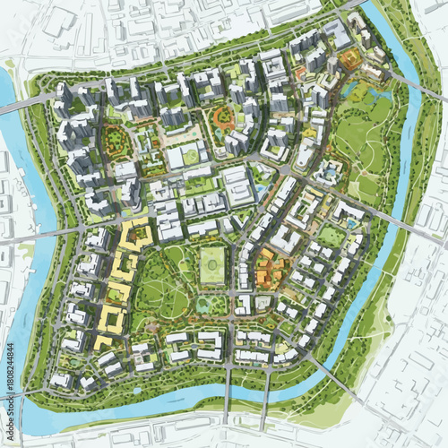 An aerial view showcases a detailed urban planning illustration, featuring buildings, green spaces, and a river, representing city development.