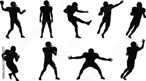 Dynamic American football player silhouette set illustrating diverse action poses, athletic motion, competitive sports energy, perfect for vector artwork, training graphics, and promotional designs