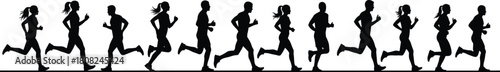 Group of running people silhouettes, a collection of men and women jogging in a line, isolated vector set for sport, marathon, and fitness concepts.