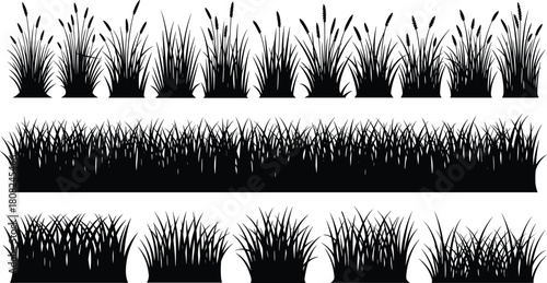 Natural grass silhouette collection with detailed blades and wild plant clusters, versatile vector illustration set for landscaping designs, nature scenes, decorative outdoor artwork