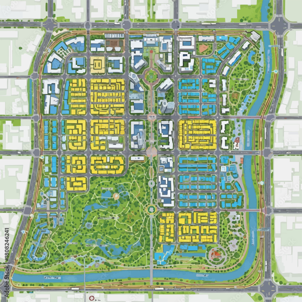 Obraz premium An aerial view showcases a meticulously planned city layout with residential zones, parks, and infrastructure, highlighting urban planning and design.