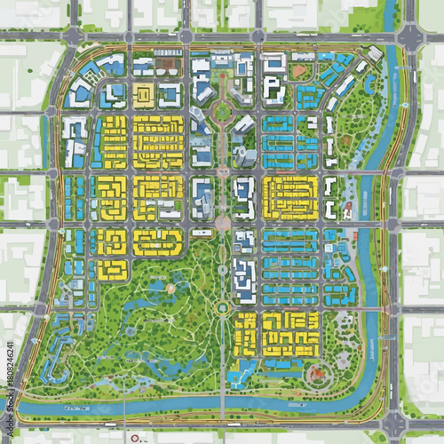 An aerial view showcases a meticulously planned city layout with residential zones, parks, and infrastructure, highlighting urban planning and design.