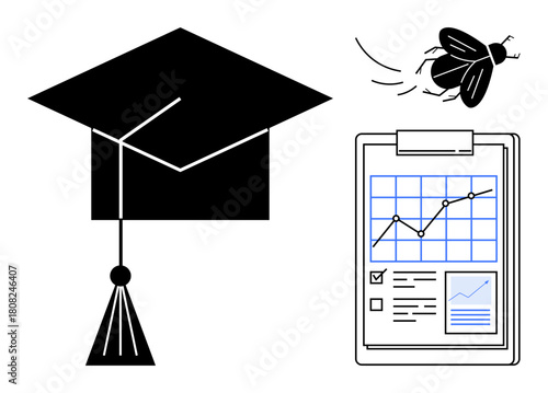 Graduation cap symbolizing education, clipboard with charts reflecting progress, and fly highlighting distraction. Ideal for education, graduation, analysis, focus, success, multitasking