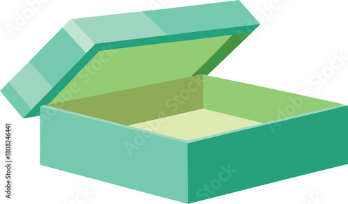 Open empty light teal gift box with lid tilted back