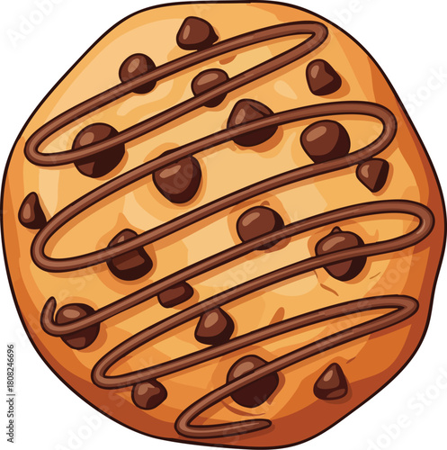 An illustration of a chocolate chip cookie with chocolate drizzle on a white background, showcasing a tasty baked treat.