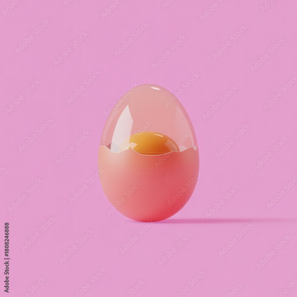 Fototapeta premium A cracked pink egg with a yellow yolk against a solid pink background