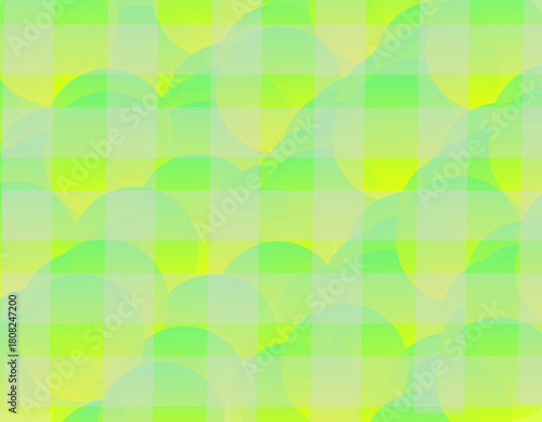 A bright, abstract background featuring a seamless pattern of overlapping translucent circles in various shades of lime green, neon green, and yellow, overlaid with a plaid or grid pattern. 