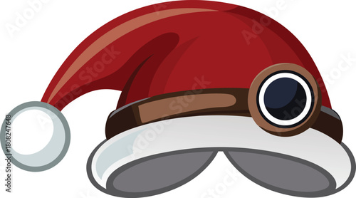 Red santa hat with aviator goggles and brown leather band