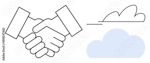 Handshake between two hands symbolizing partnership, connection with cloud imagery. Ideal for business, teamwork, networking, agreements, cloud computing, communication, simple flat metaphor
