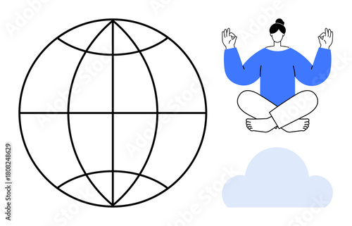 A globe and person meditating in a seated pose with floating hands and mindful gestures above a cloud. Ideal for mindfulness, mental health, balance, serenity, focus, global awareness, relaxation