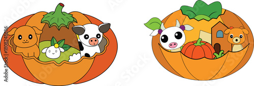 Charming tiny farm scene nestled inside a hollow pumpkin, with miniature cows, pigs, and chickens, surrounded by fall leaves and rustic fences, presenting a playful, festive, autumn-inspired diorama.