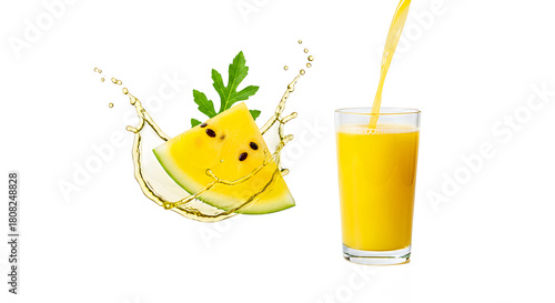 Refreshing yellow watermelon slice with a smiley face and vibrant splash, next to golden fruit juice being poured into a glass, perfect for summer hydration