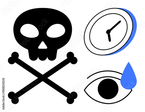 Skull crossed by bones, clock indicating time, eye shedding tear. Ideal for hazards, time constraints, emotional expression, mortality, urgency, warning signs simple flat metaphor