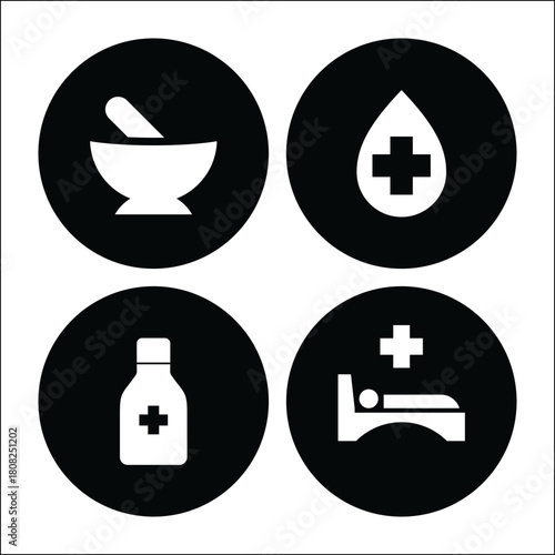 Medical icons representing healthcare services and pharmaceutical symbols in black circles