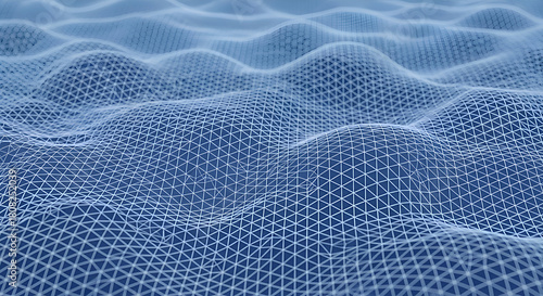 Abstract blue wireframe mesh creating a futuristic digital wave patter