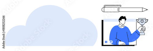 Cloud graphic paired with human figure holding trophy in video call, pen representing ideas. Ideal for cloud storage, collaboration, achievements, communication, remote work, productivity, networking