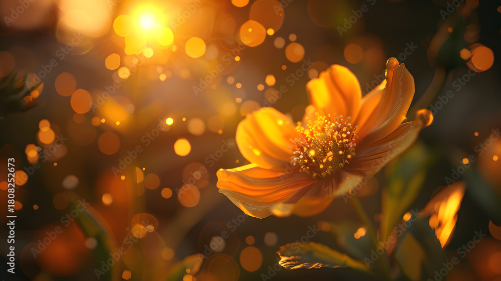 Fototapeta premium Close-up realistic of a wildflower illuminated by warm orange