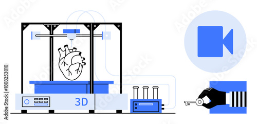 3D printer crafting human heart model, test tubes on table, video icon, robotic hand holding key. Ideal for innovation, healthcare, science, technology, data security education future vision