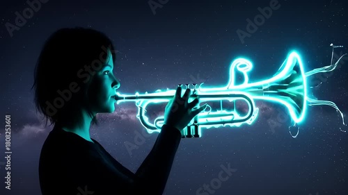 Silhouette of a person playing a glowing trumpet, creating a vibrant musical light trail in the dark.