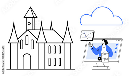 Education concept. Education merging digital tools and traditional history through online learning and architectural design. Education fosters knowledge in classrooms, virtual platforms, museums