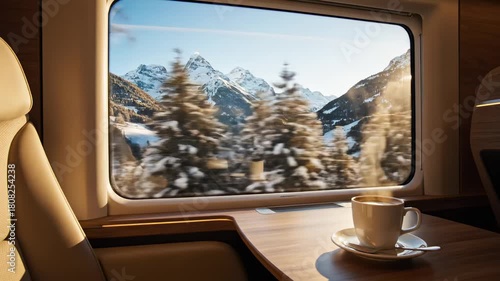 Cozy train seat with coffee and snowy Alpine mountains view during winter travel  