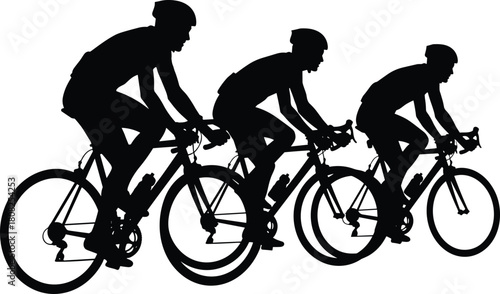 Silhouette of three cyclists racing on road bicycles, professional bike riders in motion, vector illustration for fitness, competition, teamwork, speed and endurance concept