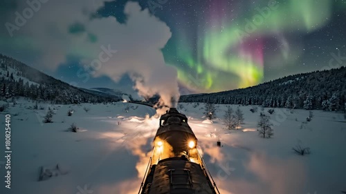 Vintage steam train traveling through snow under northern lights  