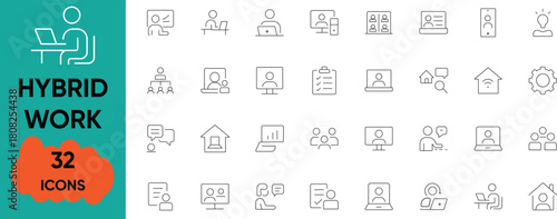 Hybrid Work and Remote Collaboration Linear Icon Set for Business