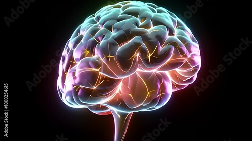 Vibrant Human Brain with Glowing Neural Activity on Black Background.