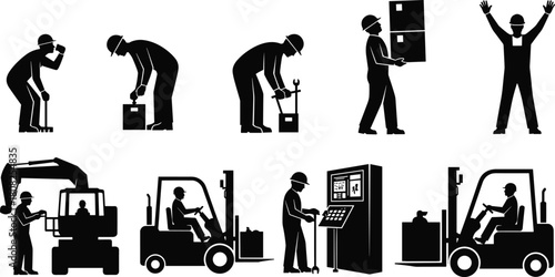 Industrial worker silhouettes set, with factory and warehouse laborers, forklift, excavator, machine operator, and men lifting heavy boxes, isolated vector icon collection.
