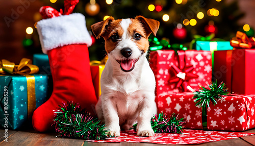 Happy Jack Russell puppy posing by colorful Christmas presents and a red stocking with festive lights in the background