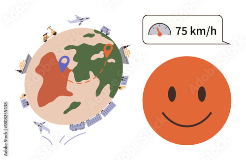 Moving vehicles, world map with routes, speed marker, and happy face. Ideal for logistics, travel, shipping, speed customer satisfaction worldwide connection and delivery concepts. Simple flat