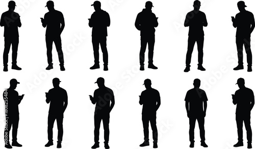 Man silhouette collection, set of twelve casual male figures standing and using a smartphone, person looking at phone, wearing baseball cap, isolated vector graphic.