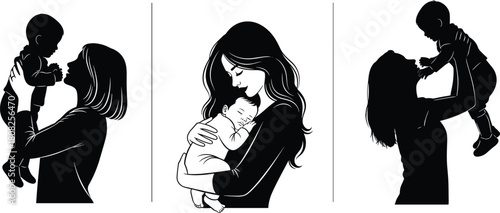 Mother and child illustration set, vector silhouettes and line art of mom holding baby, woman with sleeping newborn, motherhood love and care concept, isolated.