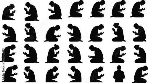 Muslim prayer silhouette set, black vector figures of men and women kneeling, isolated islamic namaz poses for ramadan kareem design, religion supplication icons collection.