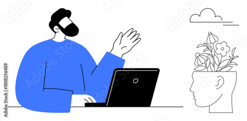 Man using laptop and gesturing next to head profile filled with blooming flowers, representing growth, creativity, and mindfulness. Ideal for productivity, mental health, creativity, online learning