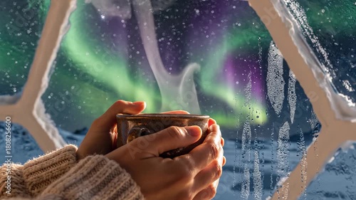 Person holding a warm cup of tea while enjoying northern lights view  
