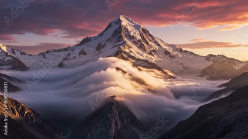 Majestic mountain peak surrounded by clouds at sunrise during winter travel  