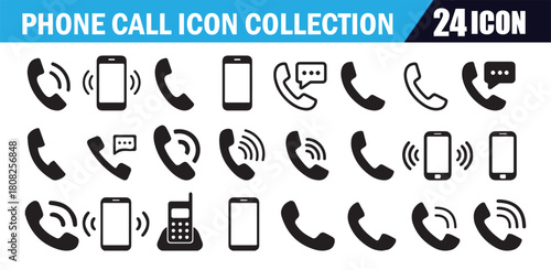 Phone call icon collection set of 24 isolated white background symbols. Modern and classic devices for communication.