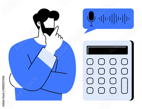 Man thinking while observing voice recording speech bubble and calculator. Ideal for AI technology, innovation, productivity, decision-making, data entry, finance, and problem-solving. Simple flat