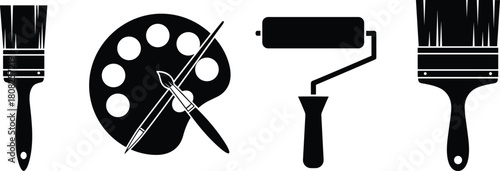 Painting tool silhouette set, black vector brush and roller collection, isolated art palette icons for renovation design, artist equipment symbol, and home decor illustration.