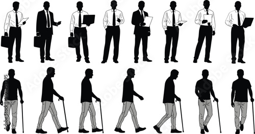 People silhouette collection, businessmen in suits with briefcases and laptops, and senior men walking with a cane, vector character set, isolated on white.