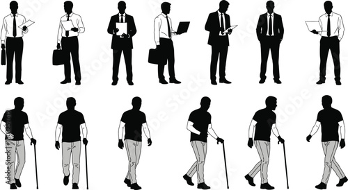 People silhouette collection, businessmen in suits with briefcases and laptops, and senior men walking with a cane, vector character set, isolated white.