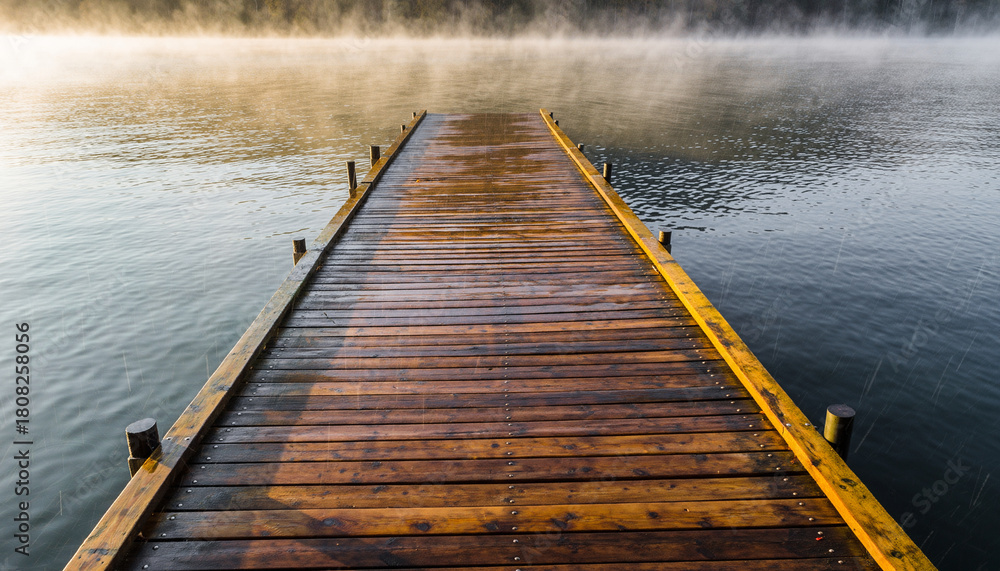 Naklejka premium Wooden pier on a misty lake at sunrise.