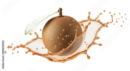 Sapodilla fruit bursting with a refreshing juice splash, isolated on white. Capturing the natural sweetness and vibrant tropical flavor, ideal for healthy drinks and culinary designs