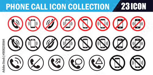 Phone call icon collection includes no call, stop using mobile device, and prohibited communication signs.