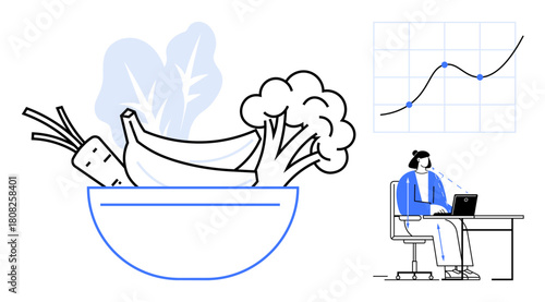 Healthy lifestyle concept. Healthy habits with fruits, vegetables, and a person analyzing data. Healthy living merged with modern analytics. For wellness, fitness, nutrition coaching, technology