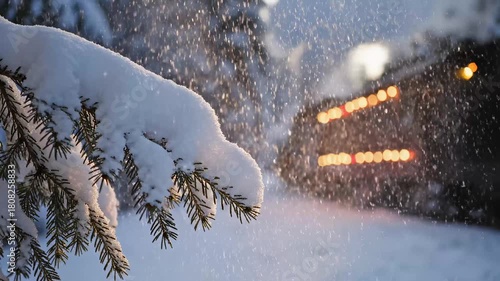 Snow-covered tree branch with falling snow and train in winter travel  