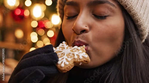 Young woman enjoying gingerbread cookie - cozy indulgence at Christmas  